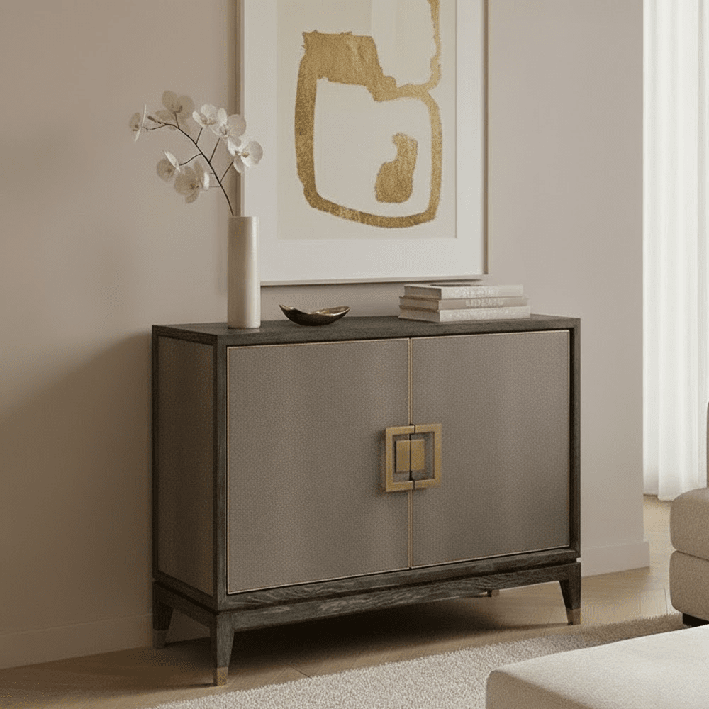 Felicia Luxury Black Wood & Shagreen 2 Door Sideboard with Brass Handles