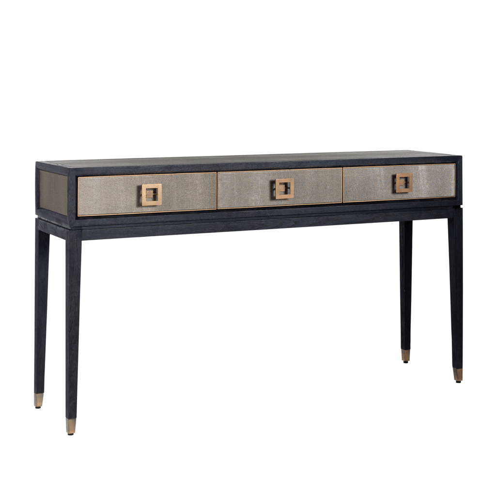 Felicia Luxury Black Wood & Shagreen 3 Drawer Console with Brass Handles
