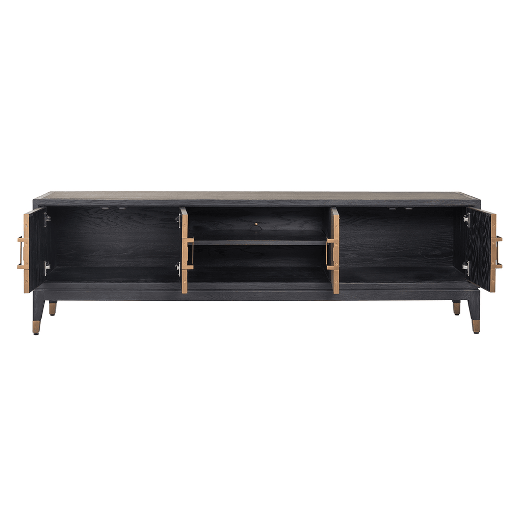 Felicia Luxury Black Wood & Shagreen 4 Door TV Unit with Brass Handles