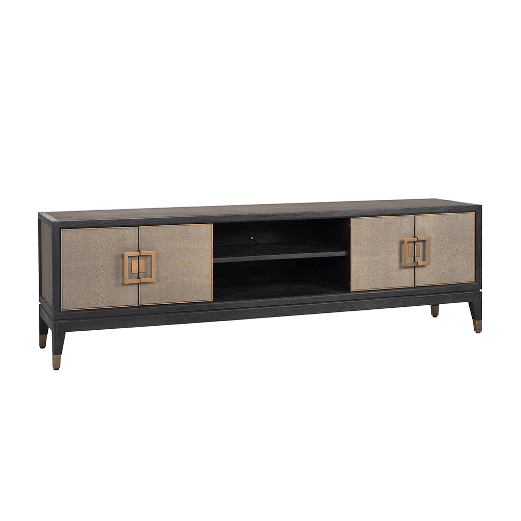 Felicia Luxury Black Wood & Shagreen 4 Door TV Unit with Brass Handles