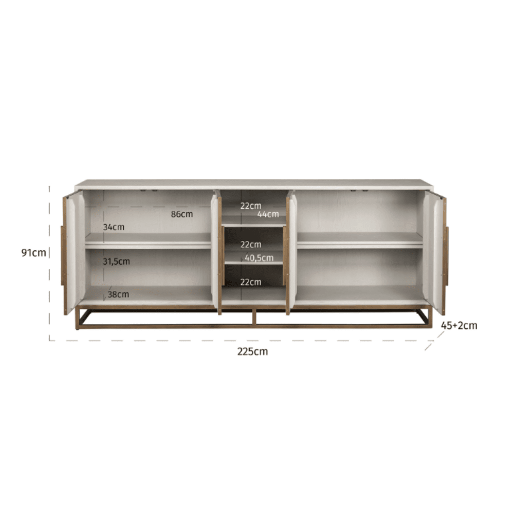 Helena Luxury Cream Oak Veneer 4 Door Sideboard with Brass Detailing