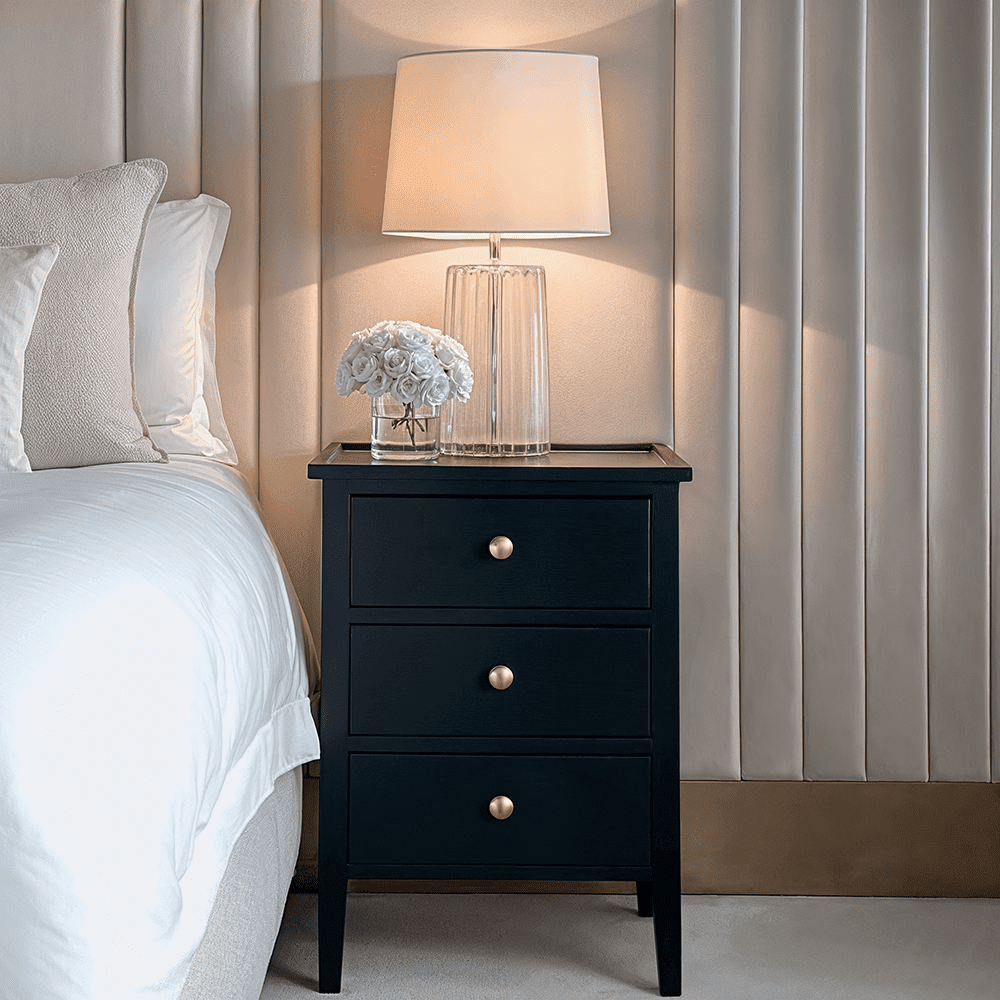 In Stock - Henrik Black 3 Drawer Bedside Table with Gold Handles