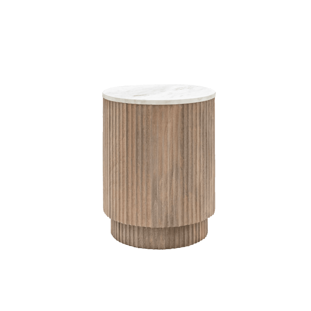 In Stock - Luna Mango Wood Ribbed Round Side Table with Marble Top