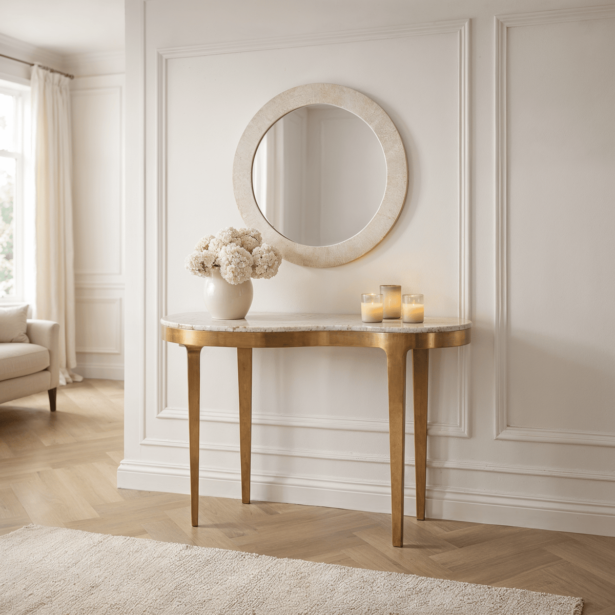 Josephine Antique Bronze Abstract Shaped Console Table with Taupe Marble Top