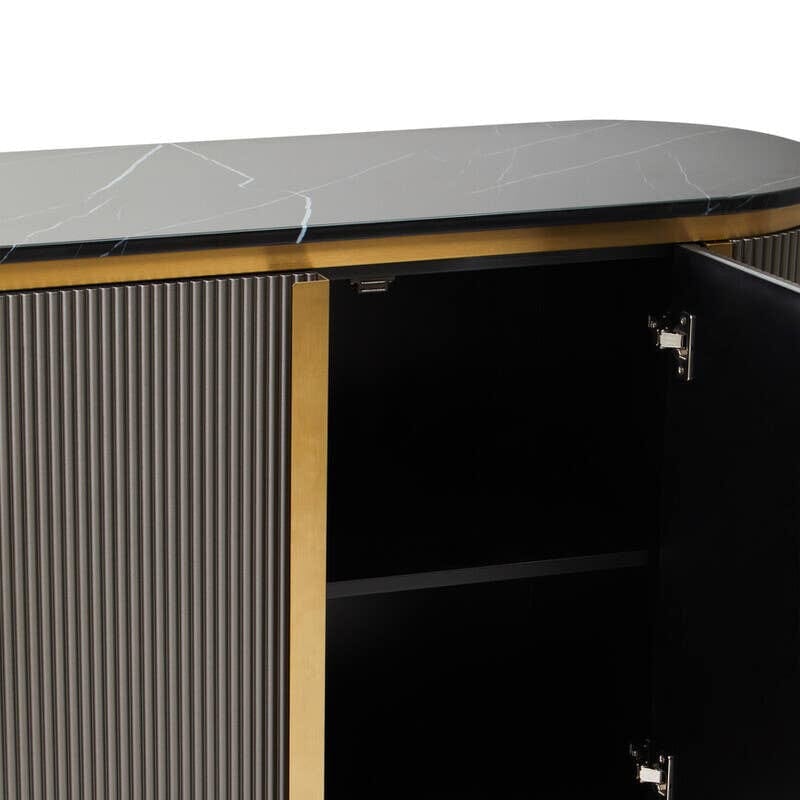 Junia Grey & Gold Ribbed 2 Door Sideboard with Black Marble Top