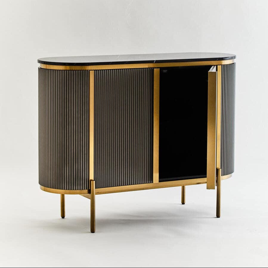 Junia Grey & Gold Ribbed 2 Door Sideboard with Black Marble Top