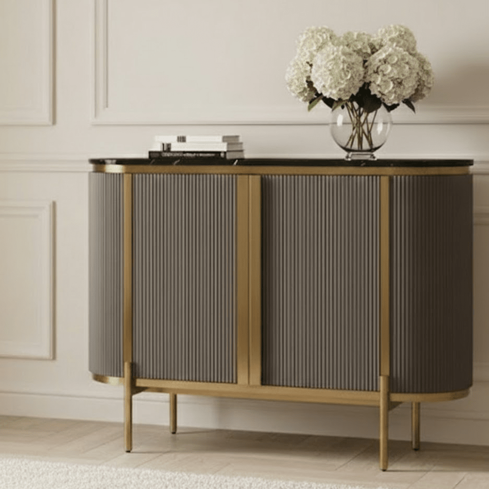 Junia Grey & Gold Ribbed 2 Door Sideboard with Black Marble Top