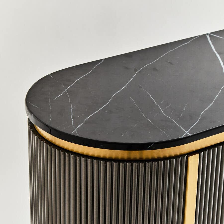 Junia Grey & Gold Ribbed 2 Door Sideboard with Black Marble Top
