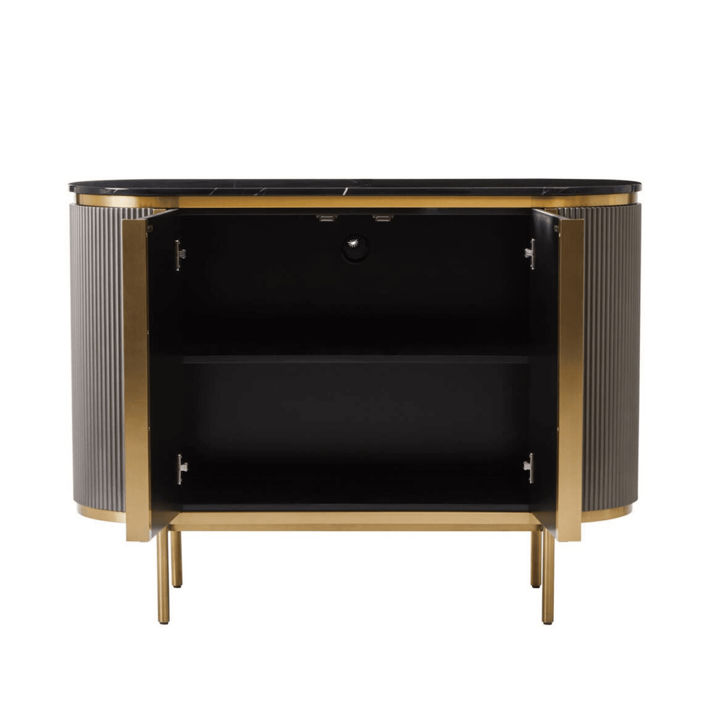 Junia Grey & Gold Ribbed 2 Door Sideboard with Black Marble Top