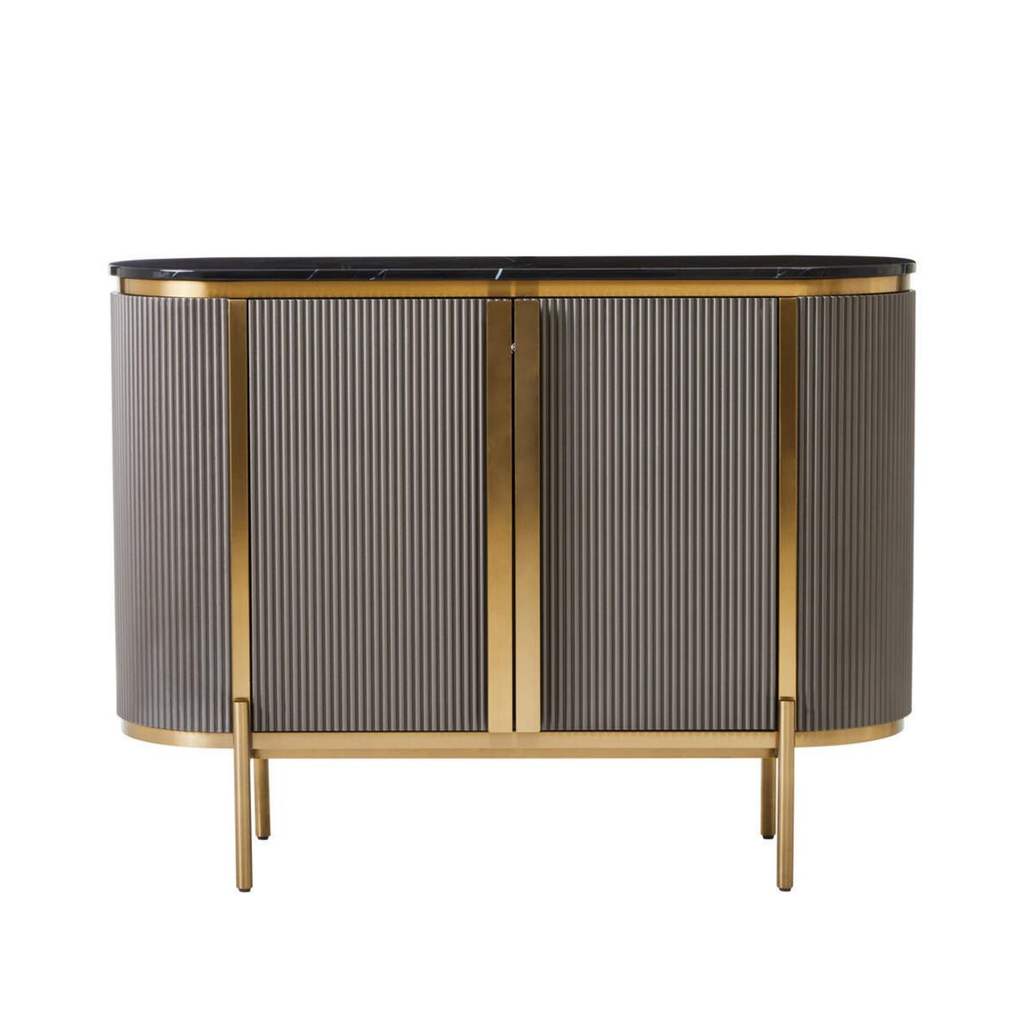 Junia Grey & Gold Ribbed 2 Door Sideboard with Black Marble Top