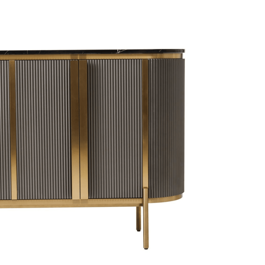 Junia Grey & Gold Ribbed 4 Door Sideboard with Black Marble Top