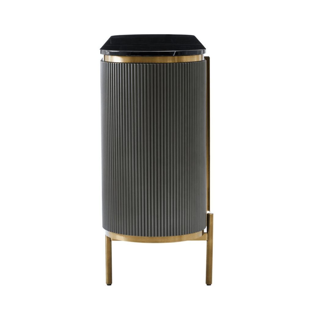 Junia Grey & Gold Ribbed 4 Door Sideboard with Black Marble Top
