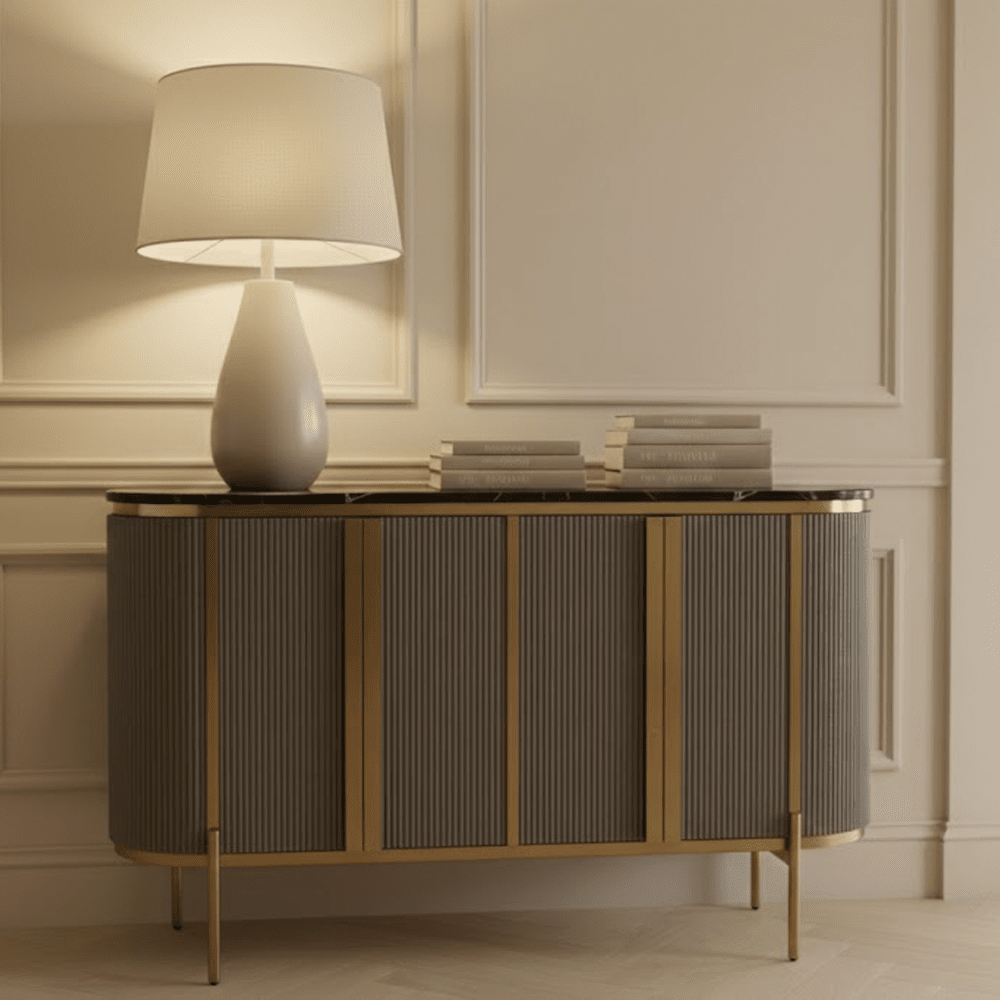 Junia Grey & Gold Ribbed 4 Door Sideboard with Black Marble Top