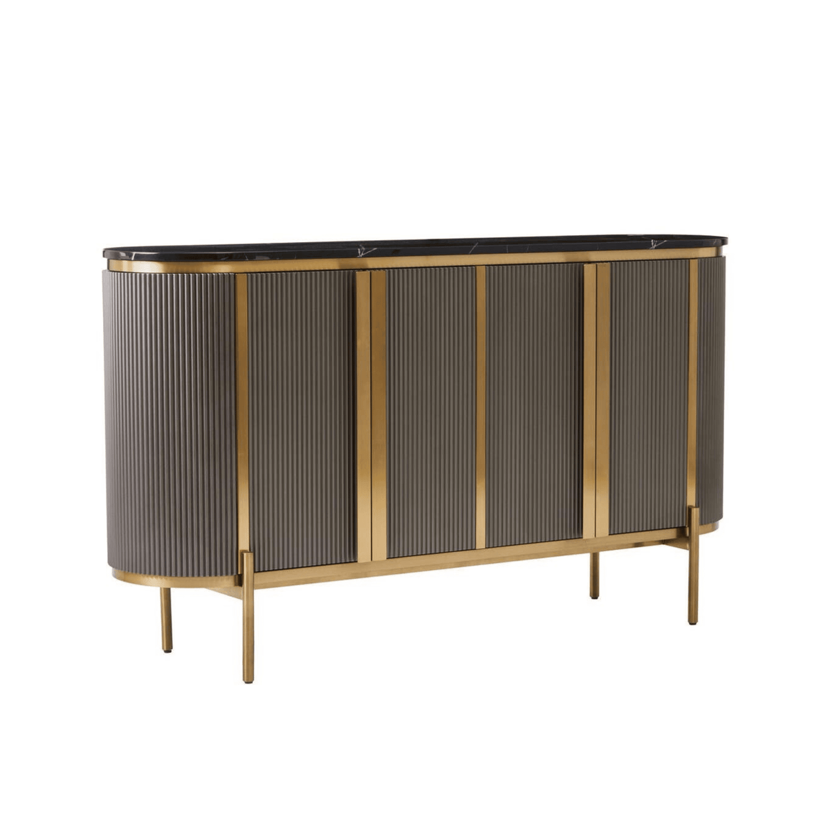 Junia Grey & Gold Ribbed 4 Door Sideboard with Black Marble Top