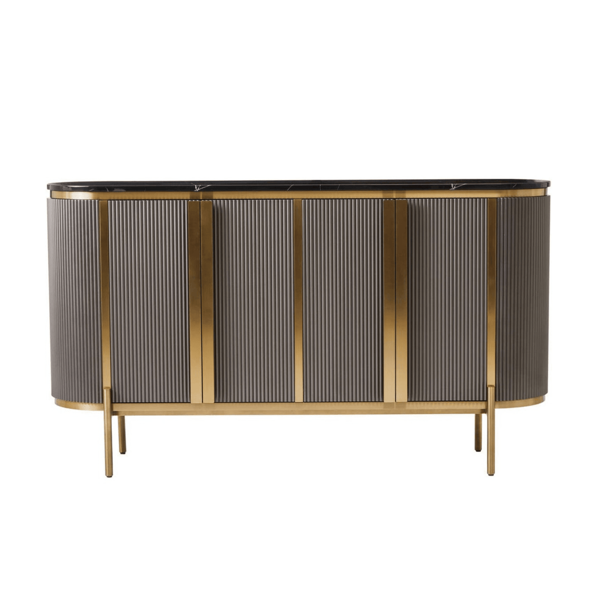 Junia Grey & Gold Ribbed 4 Door Sideboard with Black Marble Top