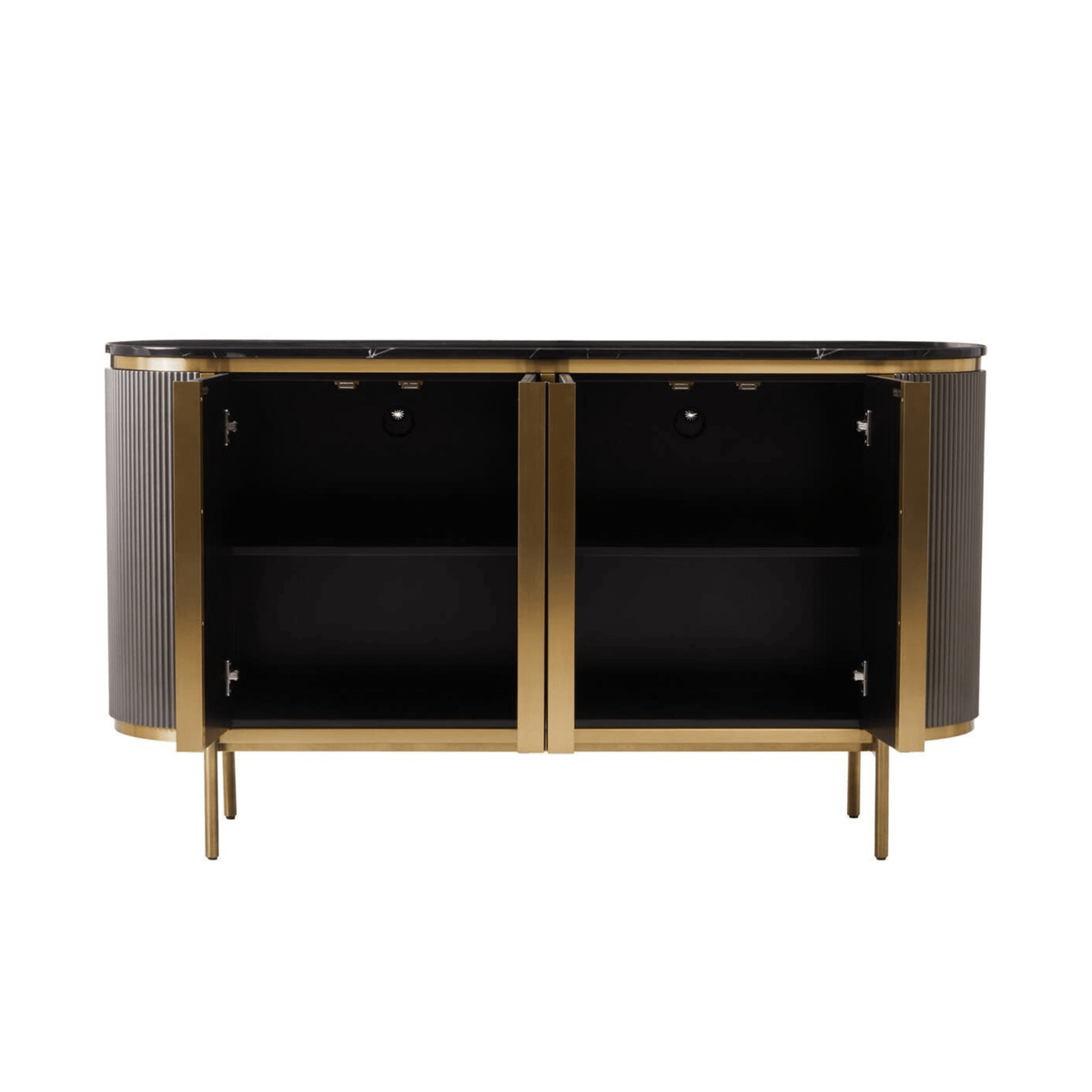Junia Grey & Gold Ribbed 4 Door Sideboard with Black Marble Top