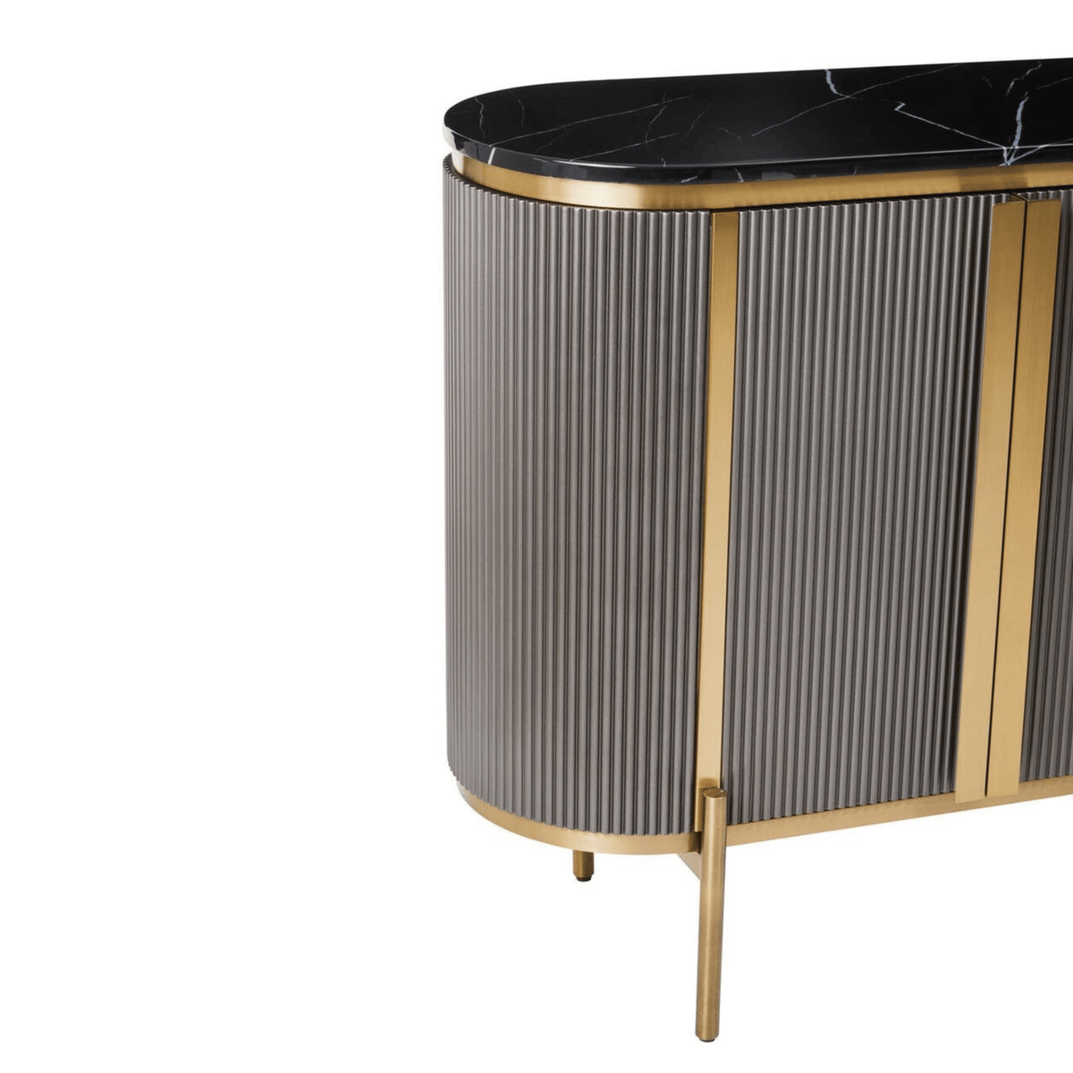 Junia Grey & Gold Ribbed 4 Door Sideboard with Black Marble Top