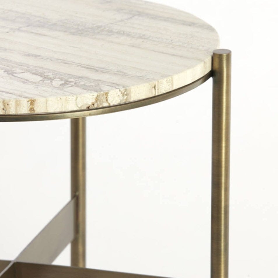 Landis Antique Bronze Round Side Table with Cream Travertine Top