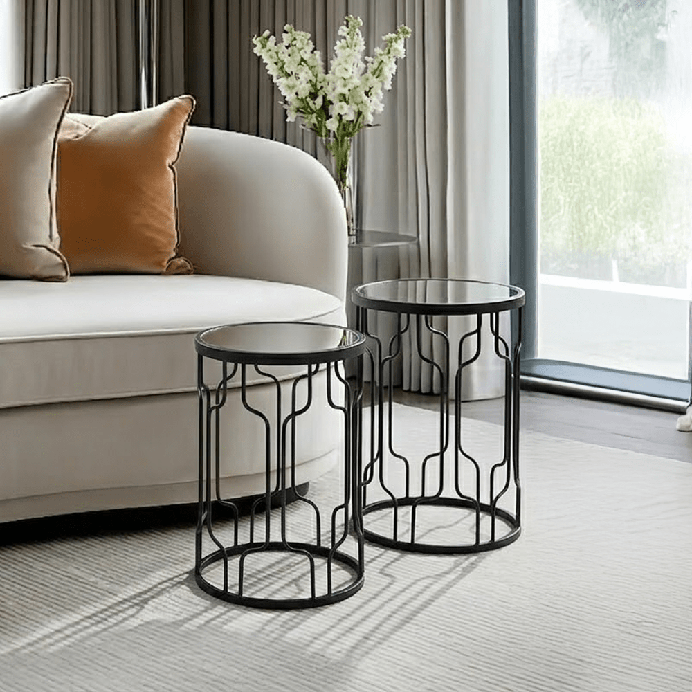 Lorenza Black Metal Side Table with Mirrored Top - Set of 2