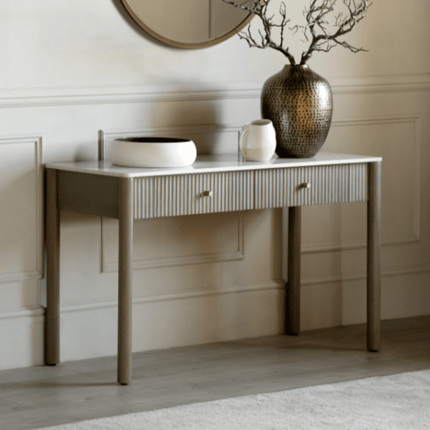 Luna Mango Wood Ribbed 2 Drawer Console Table with Marble Top