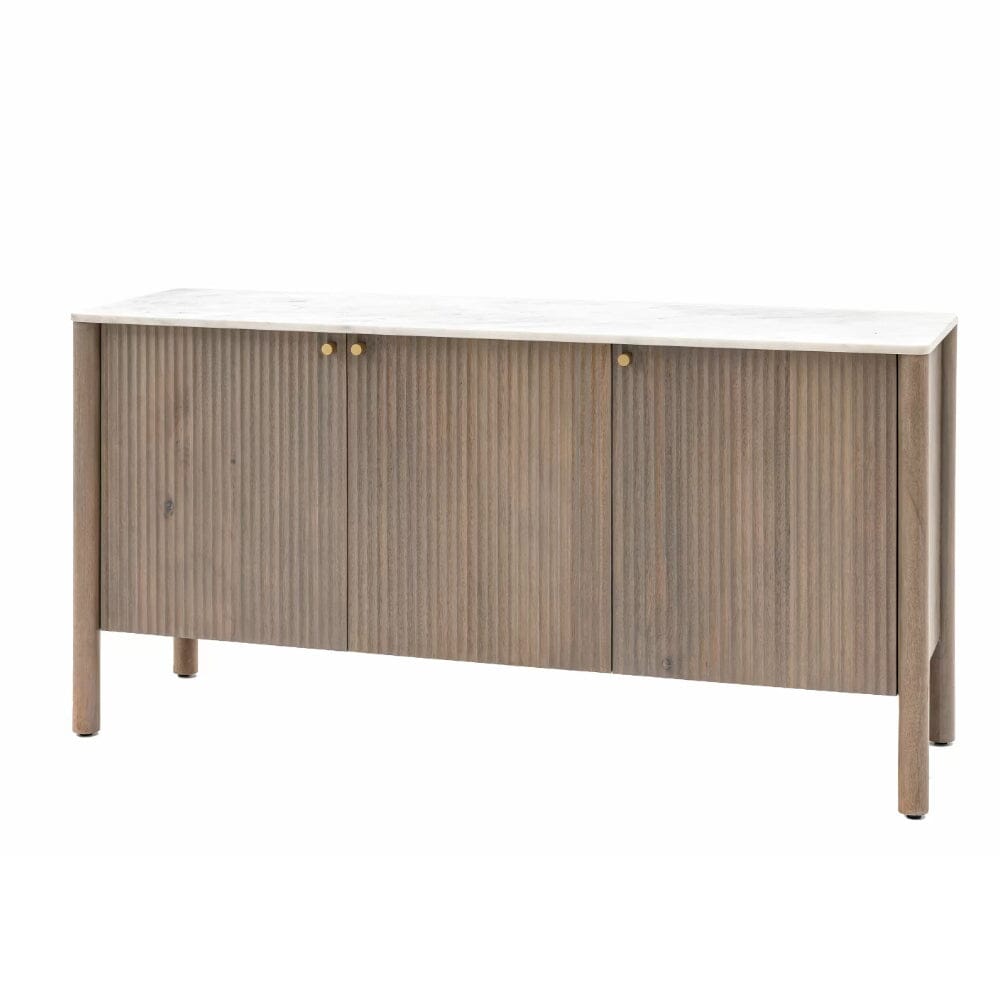 Luna Mango Wood Ribbed 3 Door Sideboard with Marble Top