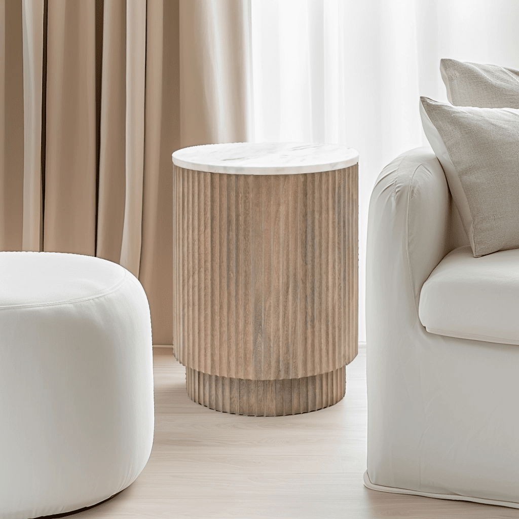Luna Mango Wood Ribbed Round Side Table with Marble Top
