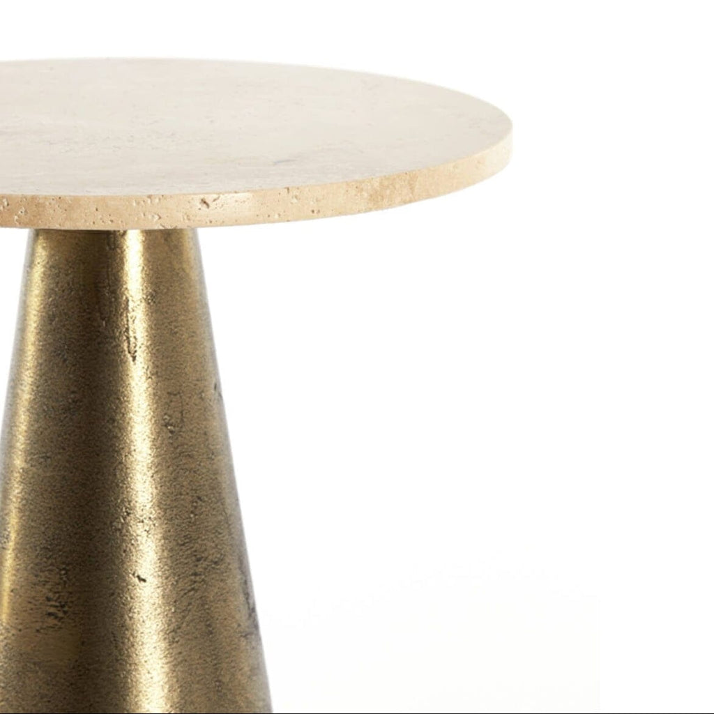 Macci Large Antique Brass Round Side Table with Travertine Top