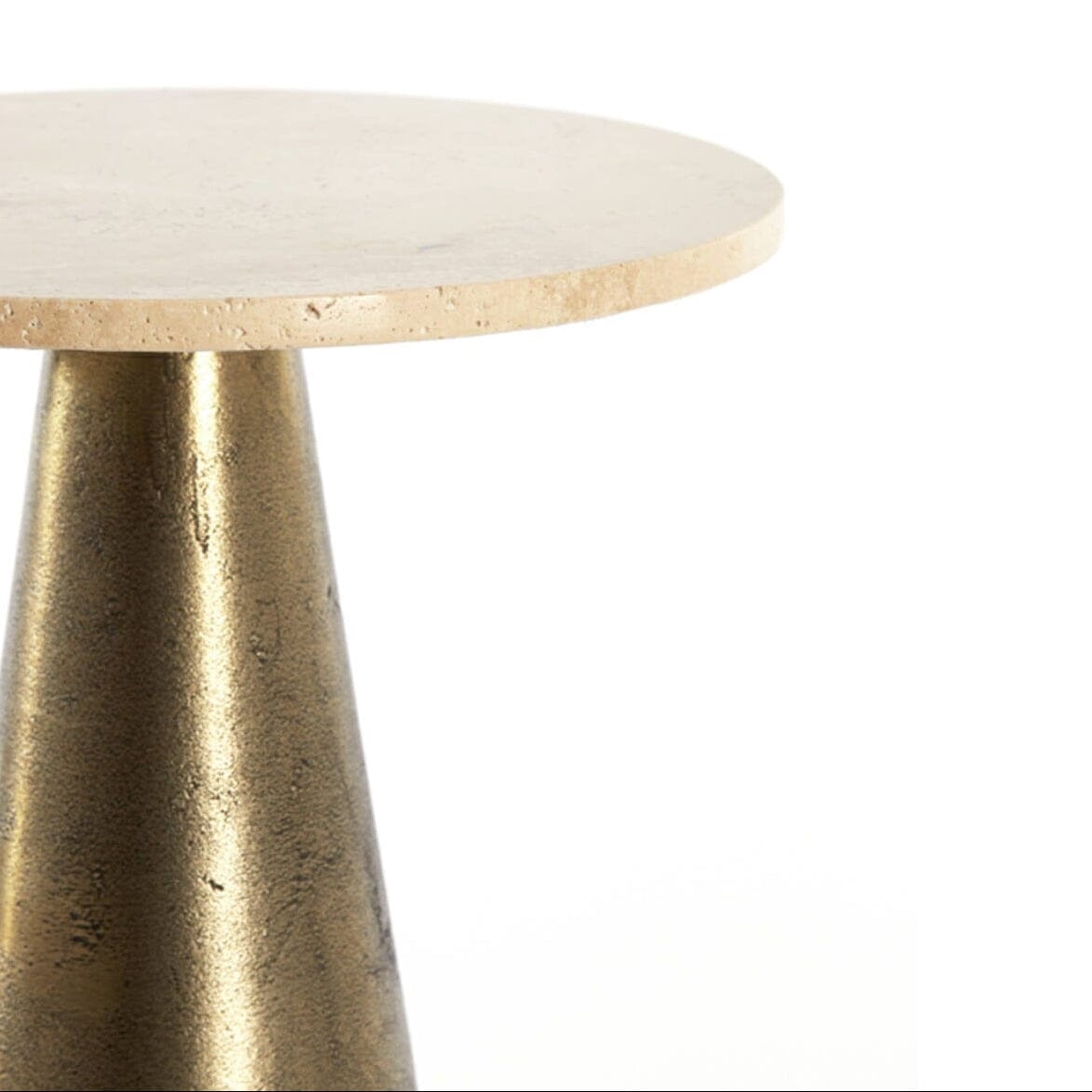 Macci Large Antique Brass Round Side Table with Travertine Top
