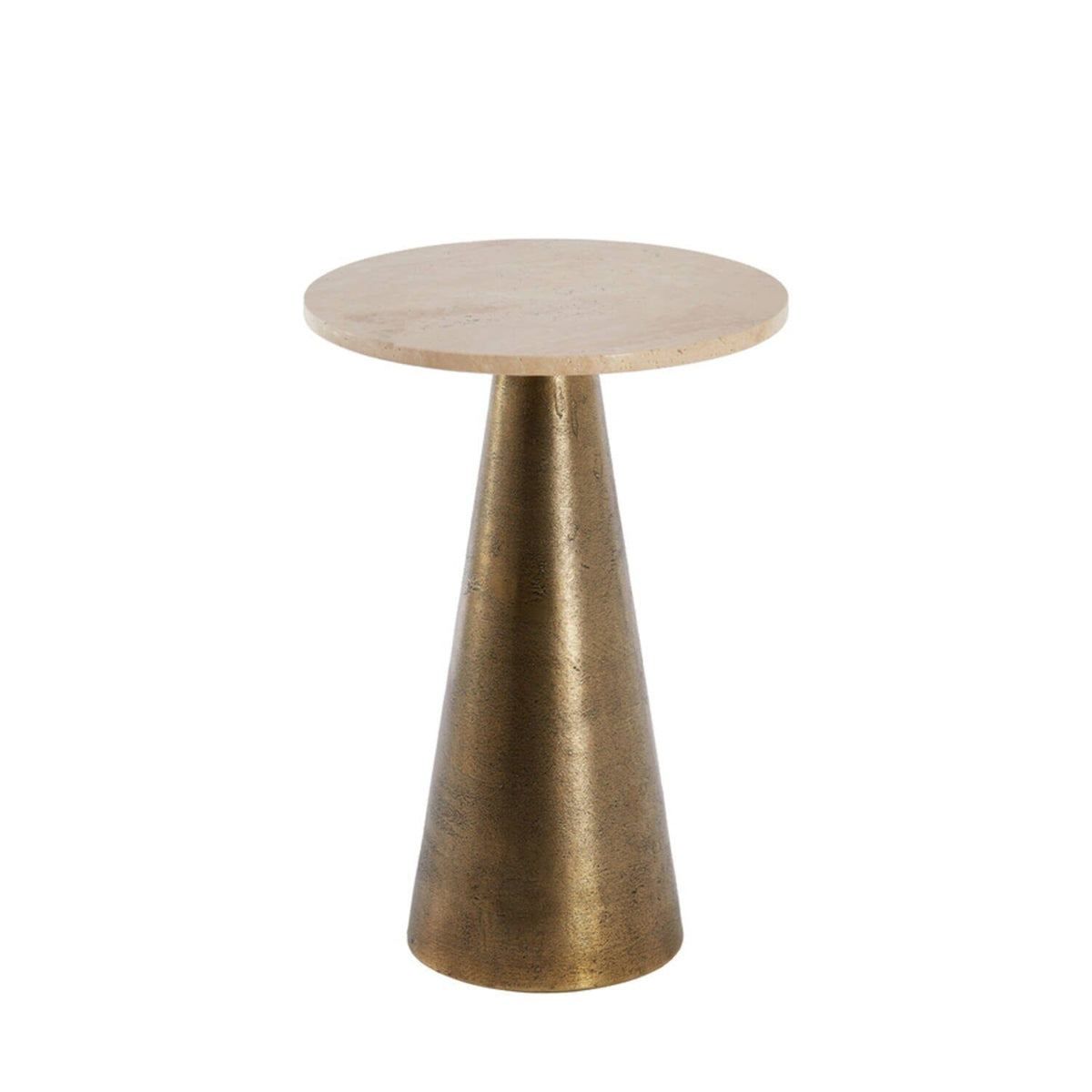 Macci Large Antique Brass Round Side Table with Travertine Top