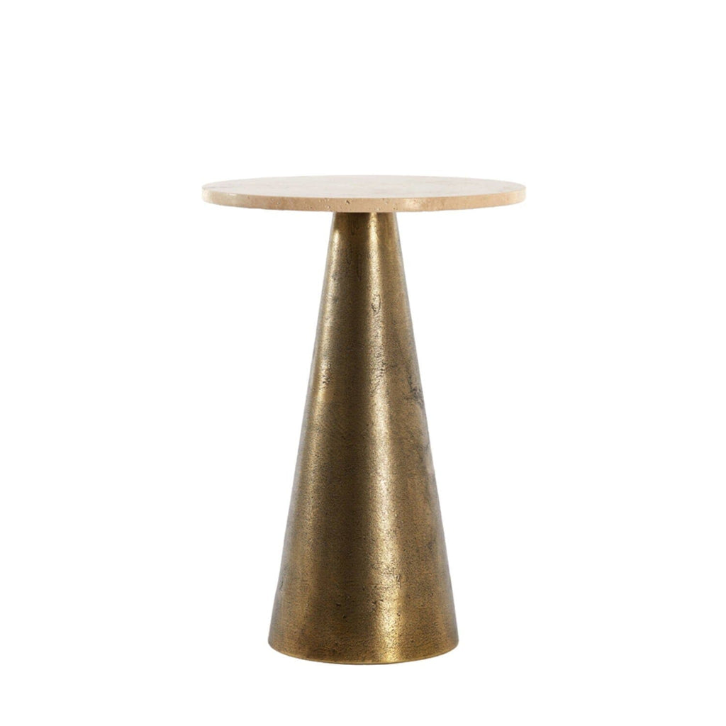 Macci Large Antique Brass Round Side Table with Travertine Top