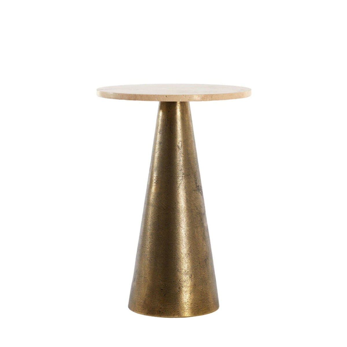 Macci Large Antique Brass Round Side Table with Travertine Top