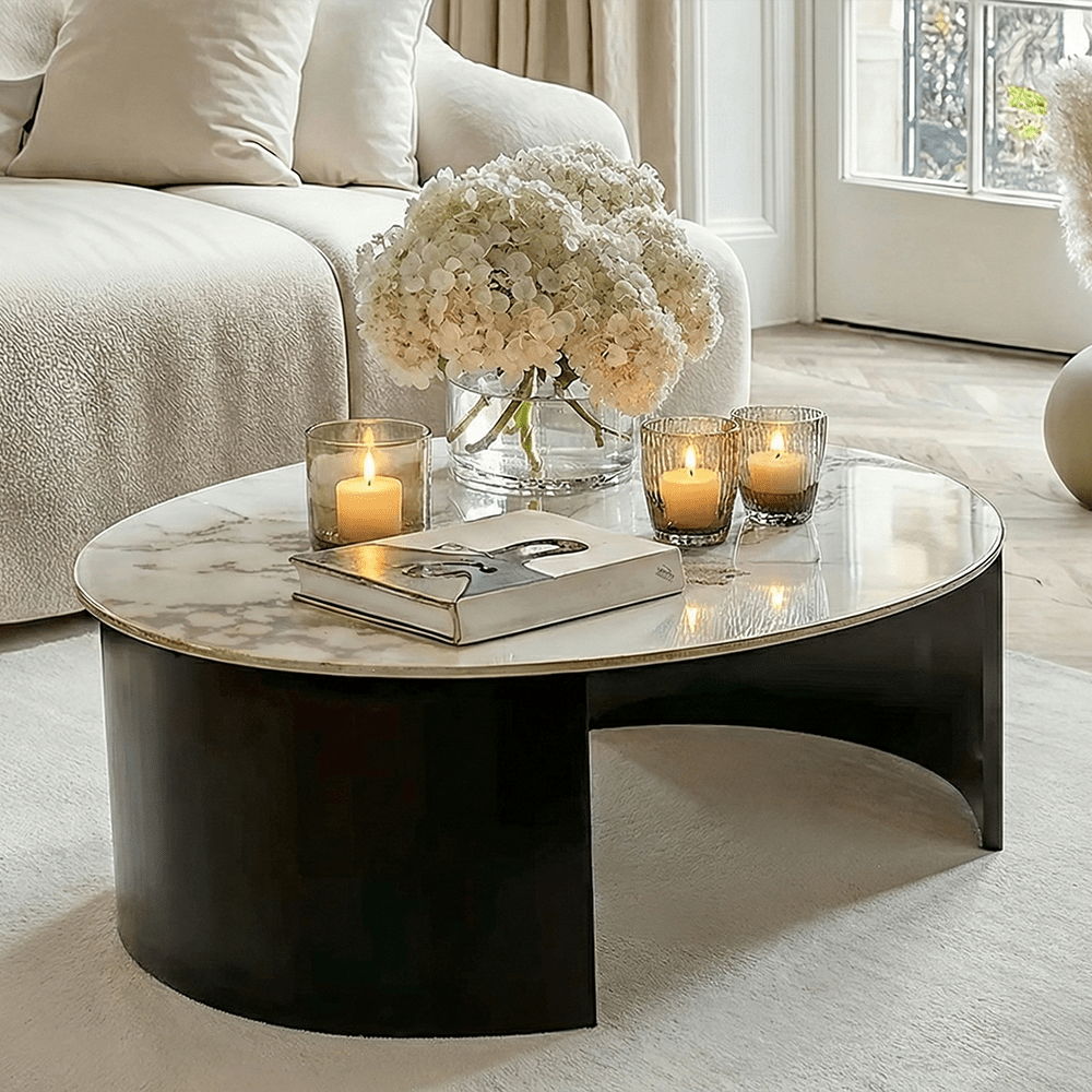 Macie Black Curved Coffee Table with Marble Top
