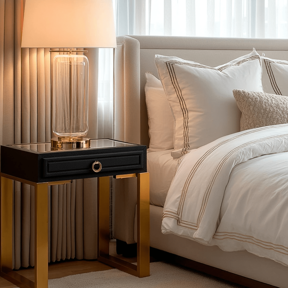 Maja Black Faux Shagreen 1 Drawer Bedside Table with Gold Legs