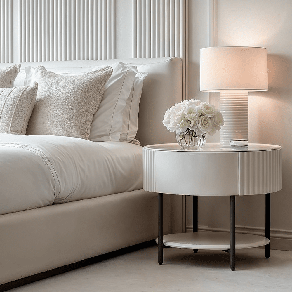 Mirabel Beige & Black Luxury Rounded Bedside Table