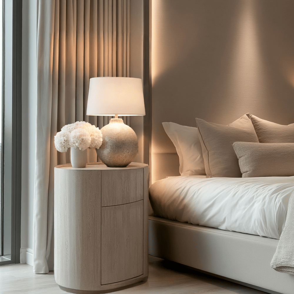 Moxin Travertine Effect Round Bedside Table
