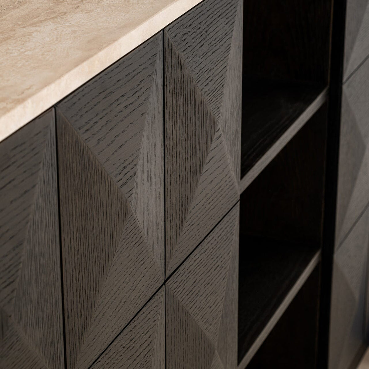 Norah Deep Brown 4 Door Sideboard with Shelving & Travertine Top