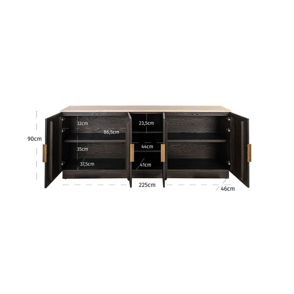 Norah Deep Brown 4 Door Sideboard with Shelving & Travertine Top