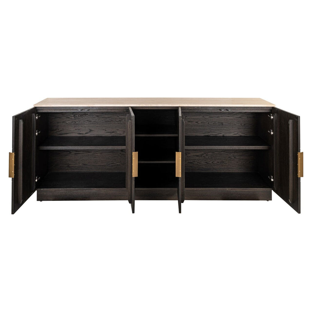 Norah Deep Brown 4 Door Sideboard with Shelving & Travertine Top