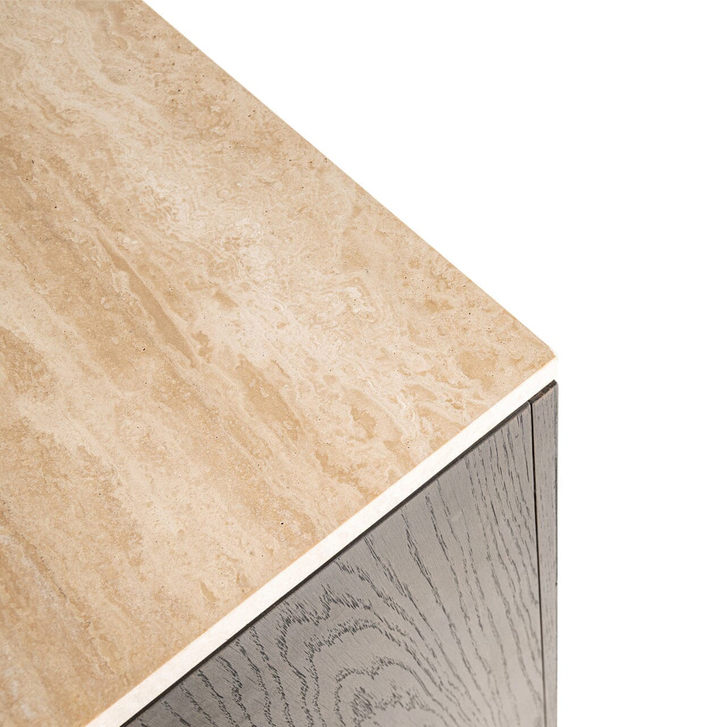 Norah Deep Brown 4 Door Sideboard with Shelving & Travertine Top