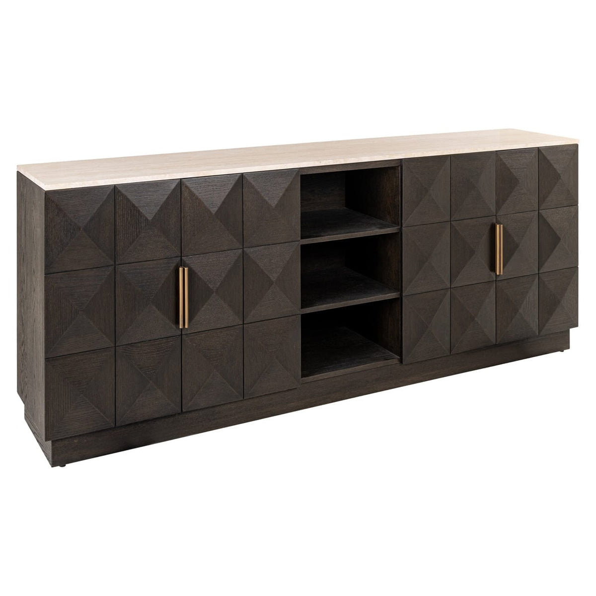 Norah Deep Brown 4 Door Sideboard with Shelving & Travertine Top
