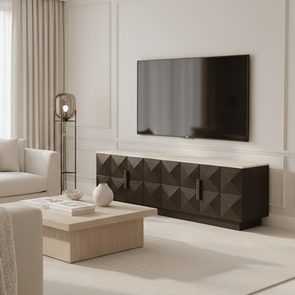 Norah Deep Brown 4 Door TV Unit with Travertine Top