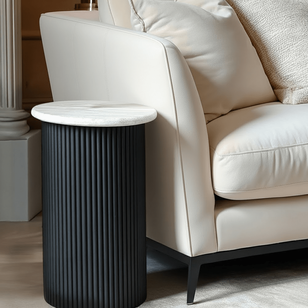 Odelia Black Ribbed Side Table with Marble Top