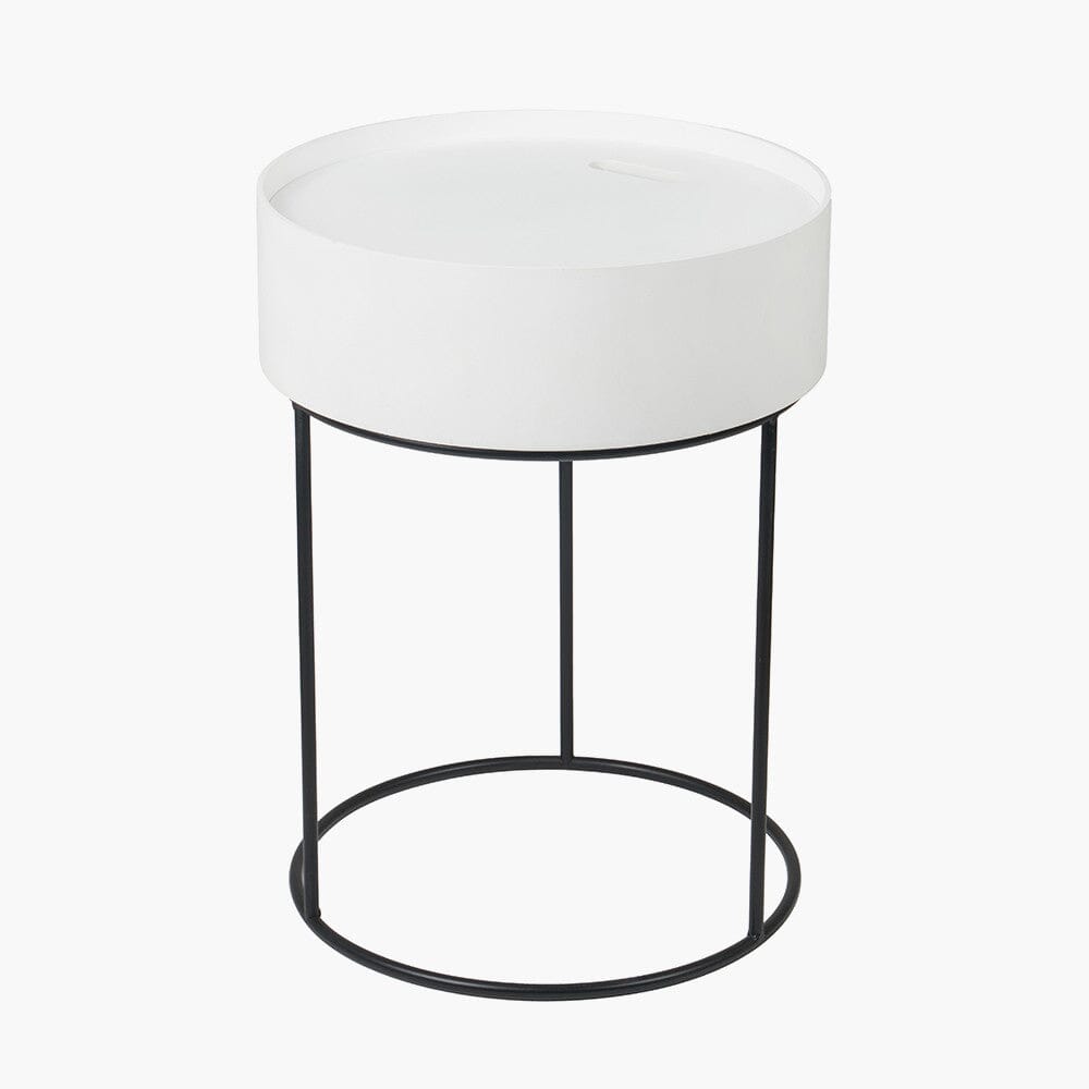 Rosolini White Wood Veneer & Black Metal Storage Side Table