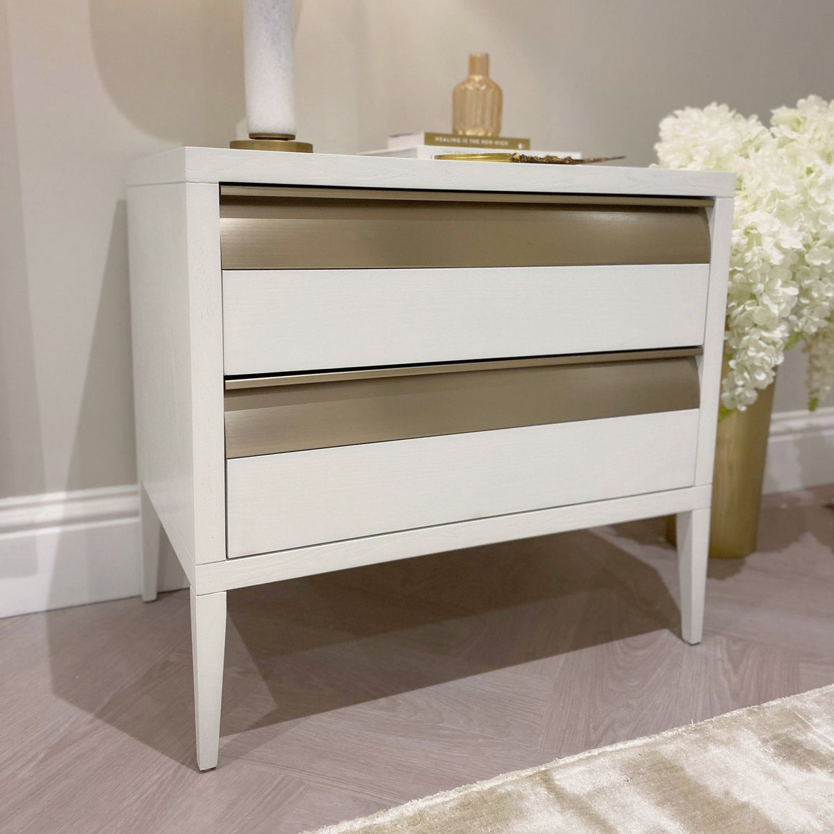 Zayd White & Bronze Premium Large Bedside Table