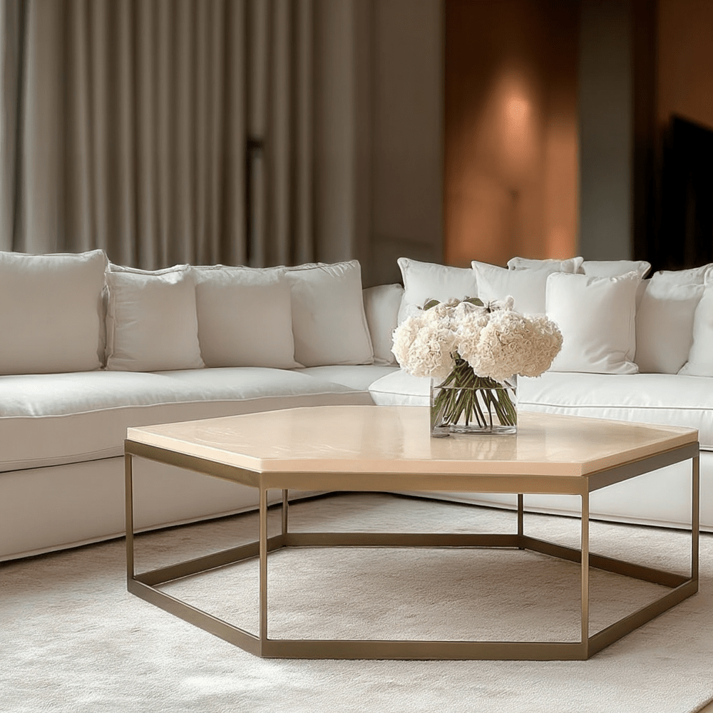 Tamzin Brass & Oak Hexagonal Coffee Table