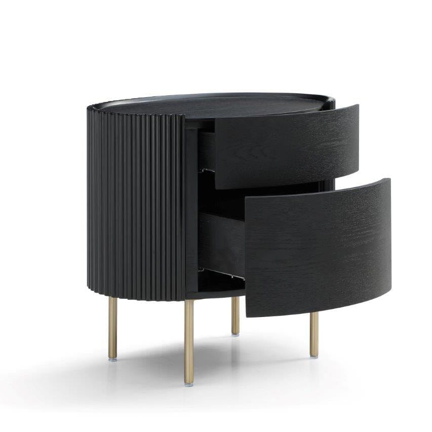 Tia Ribbed Rounded Black 2 Drawer Bedside Table with Gold Legs