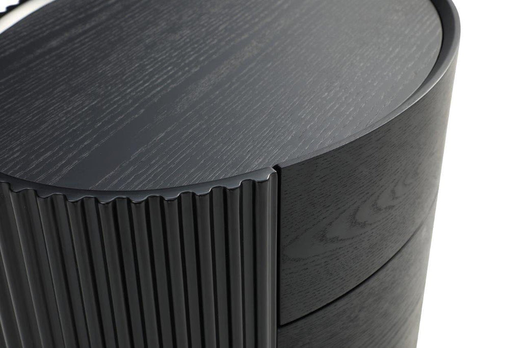 Tia Ribbed Rounded Black 2 Drawer Bedside Table with Gold Legs