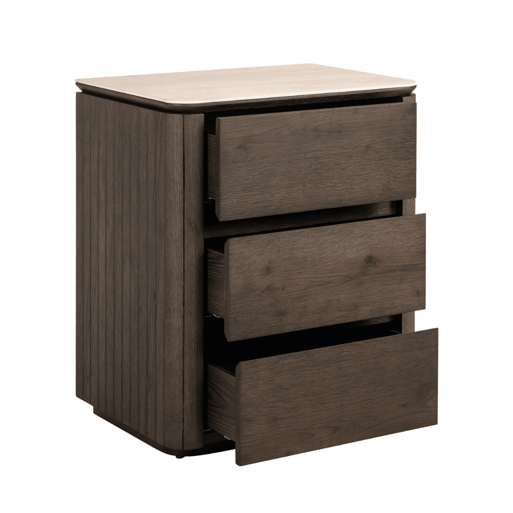 Verity Dark Brown 3 Drawer Bedside Table with Travertine Top