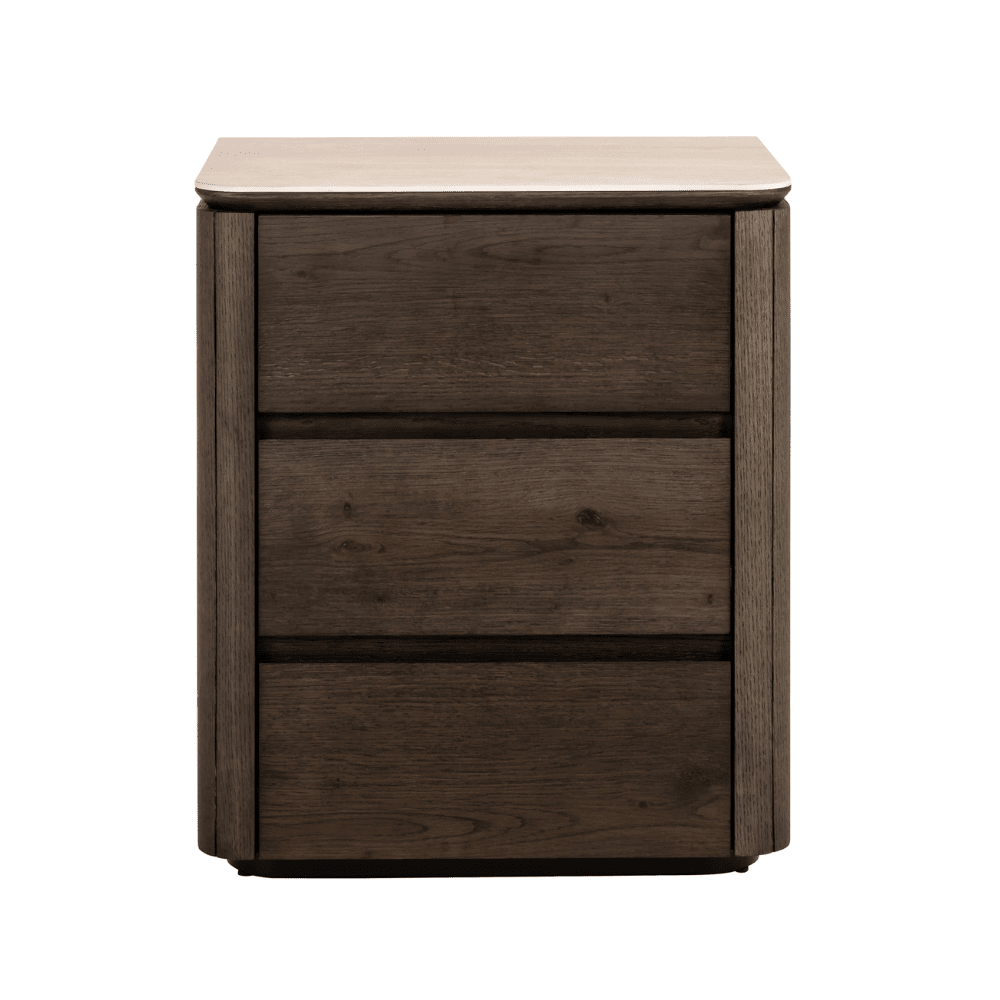 Verity Dark Brown 3 Drawer Bedside Table with Travertine Top