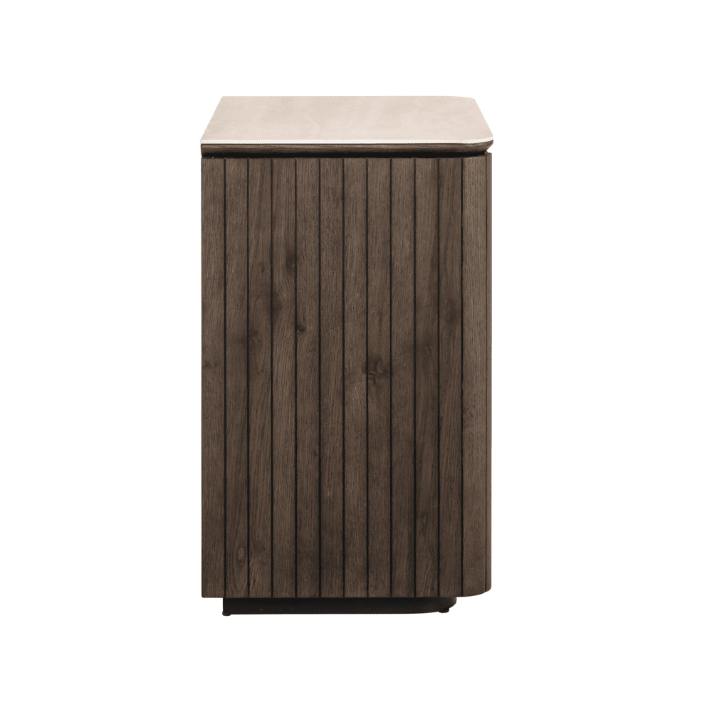 Verity Dark Brown 3 Drawer Bedside Table with Travertine Top